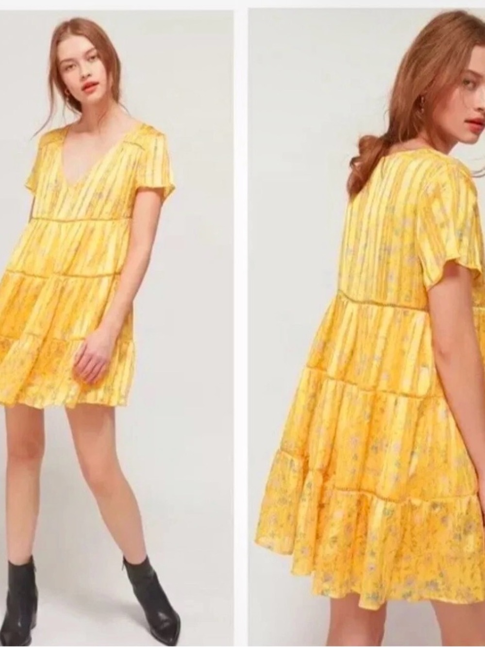 Urban Outfitters Yellow Floral Tiered V-Neck Dress Size Medium